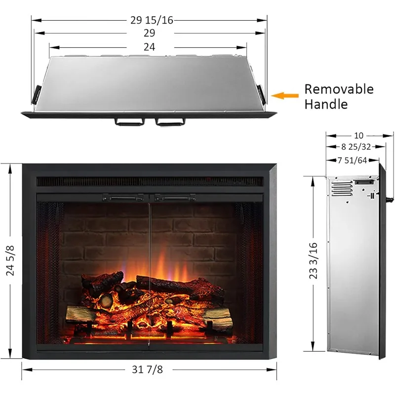 PuraFlame Klaus Electric Fireplace Insert with Fire Crackling Sound, Glass Door and Mesh Screen, 750/1500W, Black