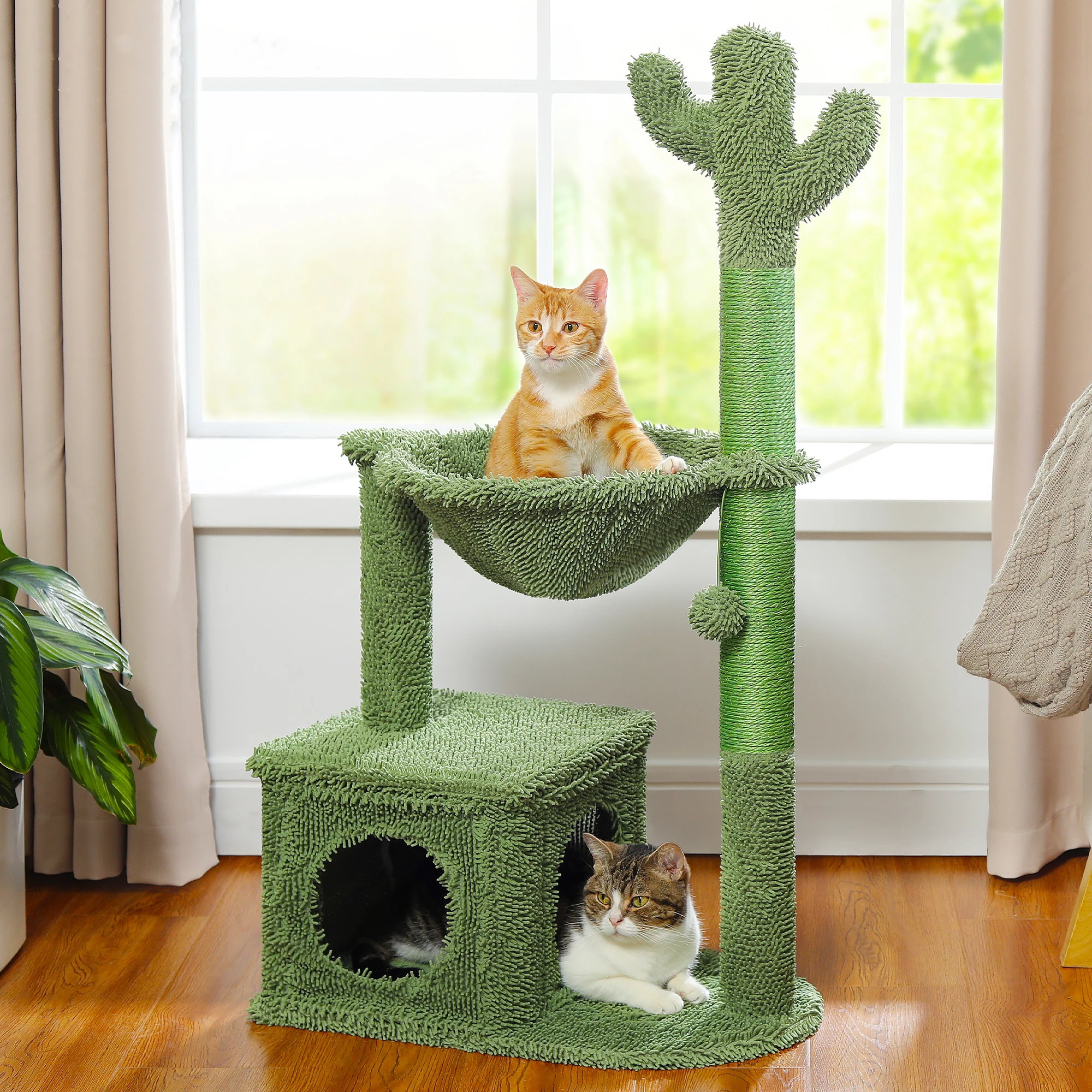 Cactus Cat Tree with Lagre Condo, Hammock, Dangling Ball, Small Cat Tower, Cat Scratching Post for Indoor, Cat Toys