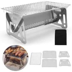 Houtgestookte kampeerkachel Picknick BBQ-brander Draagbare opvouwbare backpackkachel met grillrooster Houtvuurkachel voor buiten