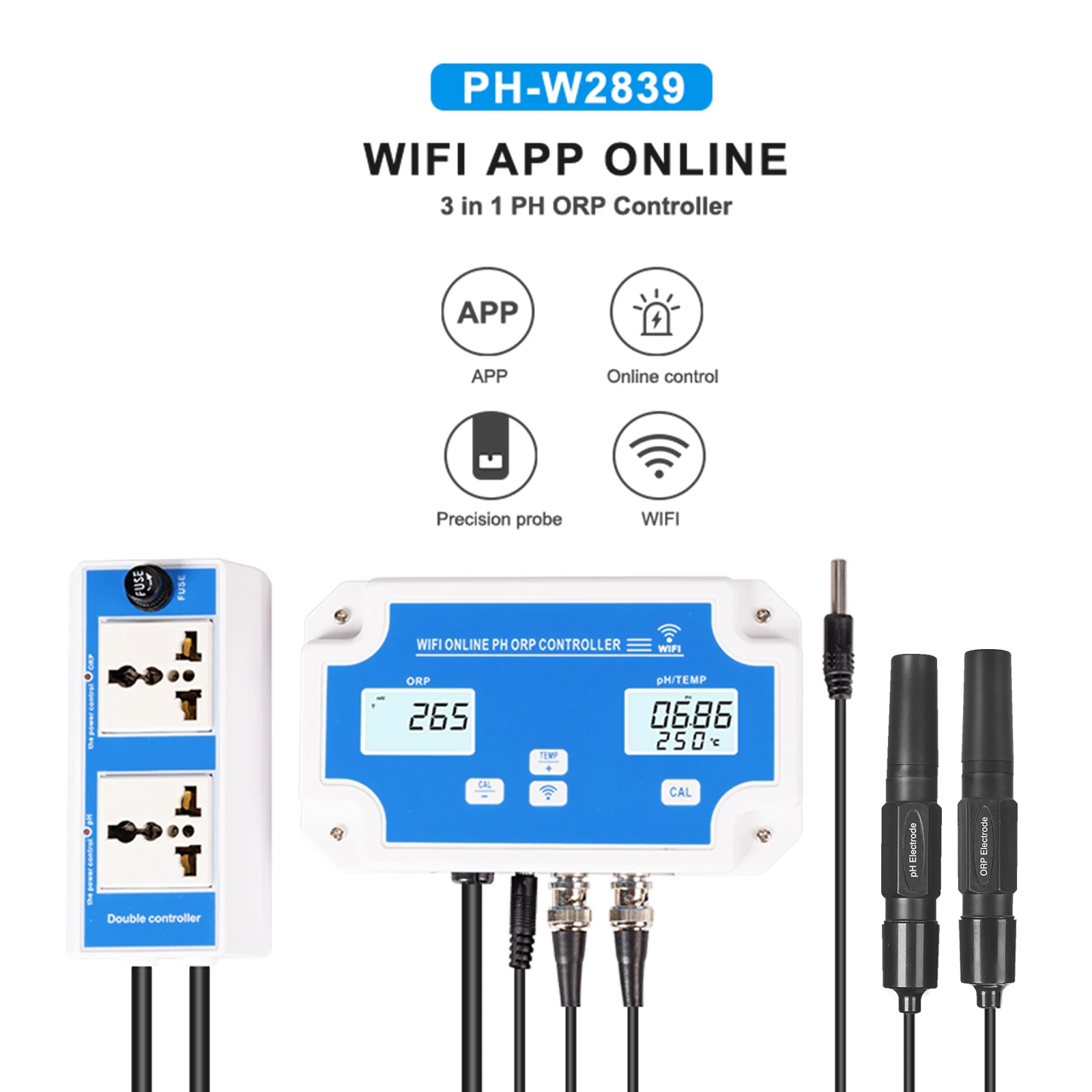 3 IN 1 PH/ORP/TEMP Wireless WiFi Online Control Detector Water Quality Detector Controller Water Quality Tester BNC Type Probe