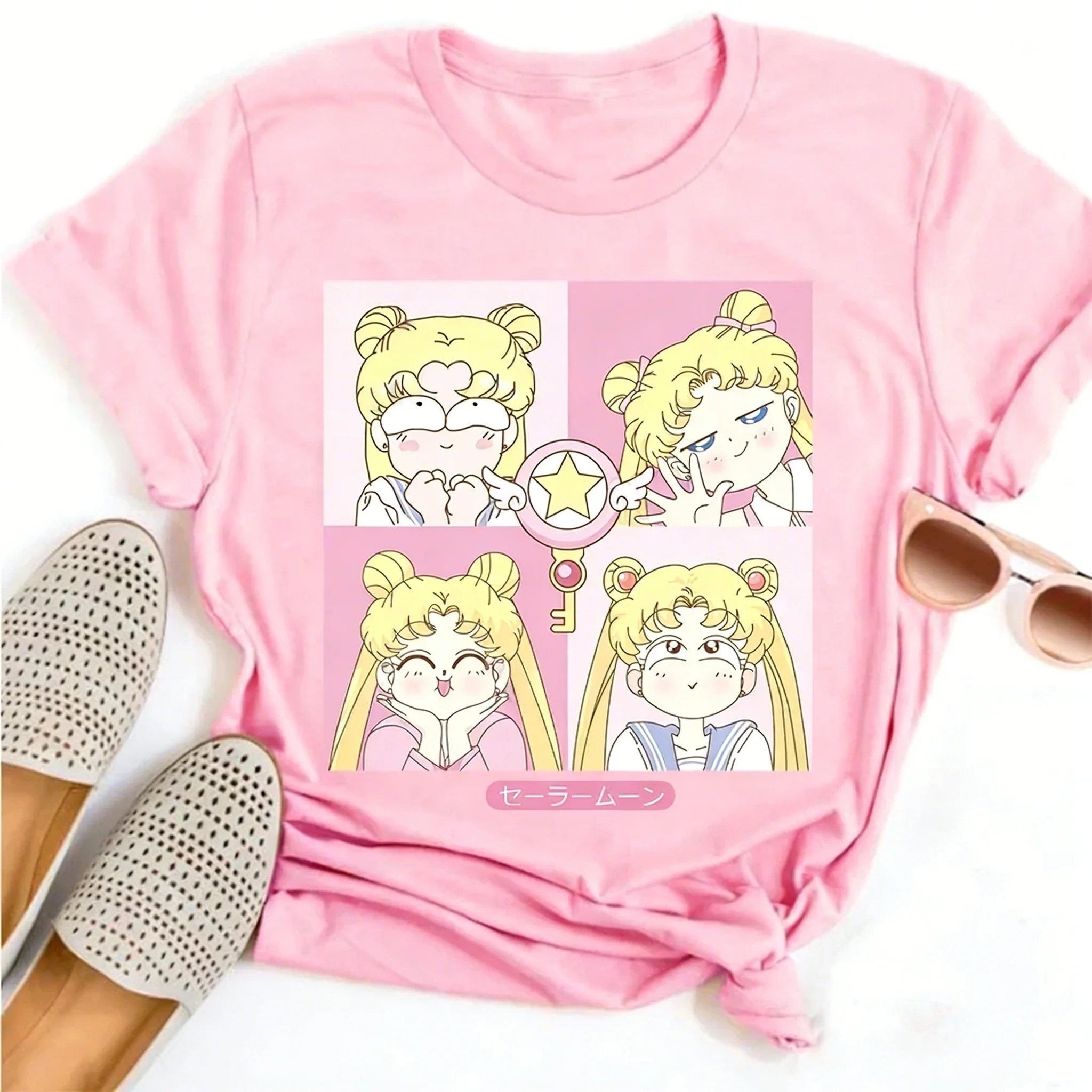 Camiseta Holgada de Algodón 100% con Estampado de Sailor Moon y Emoji de Cuatro Cuadrículas, Tendencia Urbana, Verano 2026, Unisex, Estilo Y2K