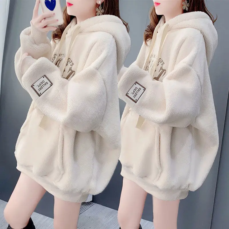 Autumn Winter Fleece Sweatshirt Women Hoodie Warm Long Sleeve Pullover Loose Streetwear Embroidery Korean Fashion New