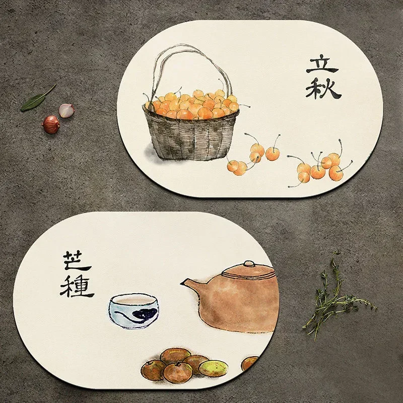 Round PVC Leather Placemat with Chinese 24 Solar Terms, Waterproof Oil-Proof Heat Resistant Dining Table Mat
