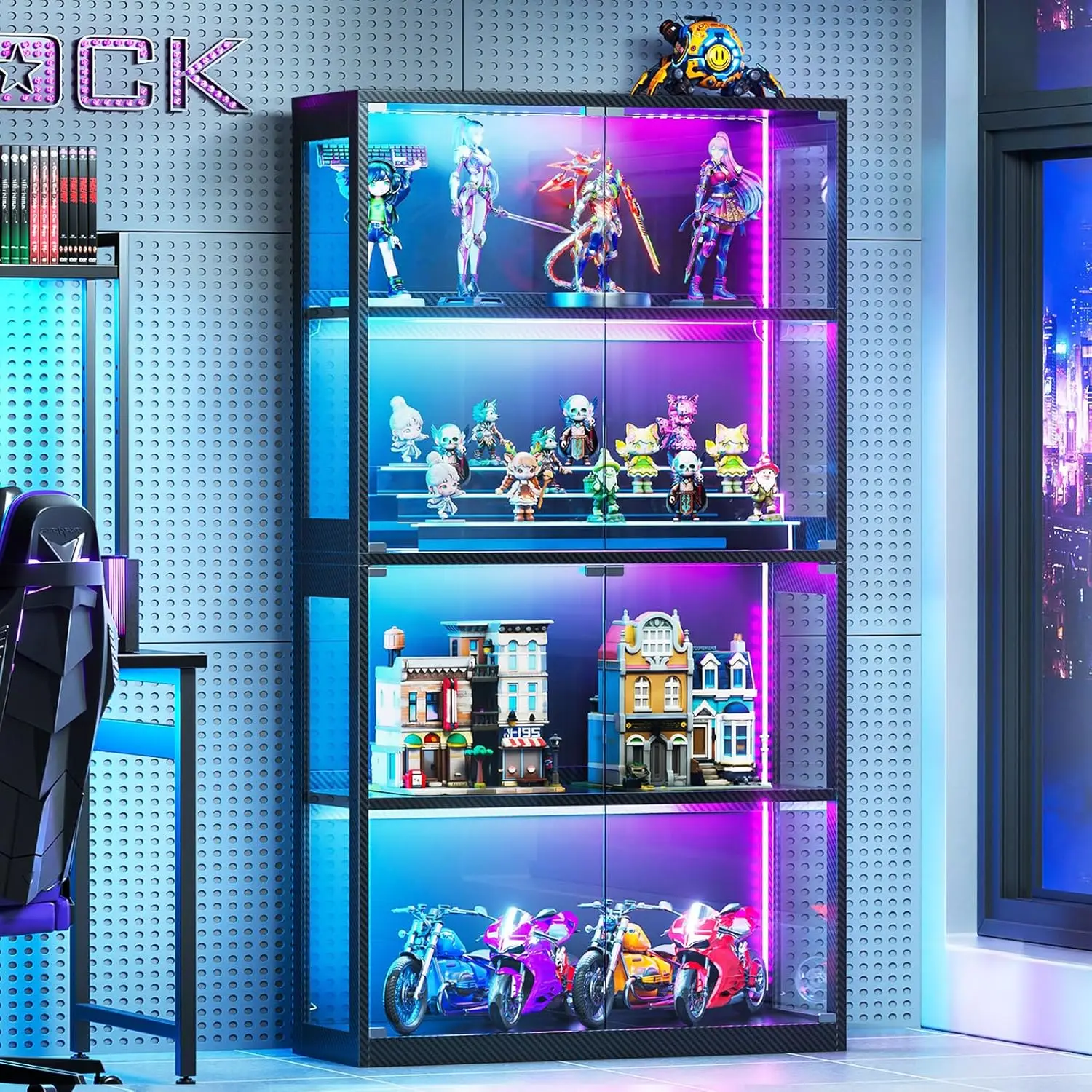 

Glass Display Cabinet with Glass Doors, 4-Tier Display Case with RGB Lights, Glass Cabinet Shelf for