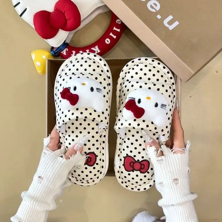 Cute 3D Hello Kitty Polka Dot Indoor Slippers Women Non Slip Soft Home Shoes Lovely Cartoon Design Birthday Gift for Teen Girls