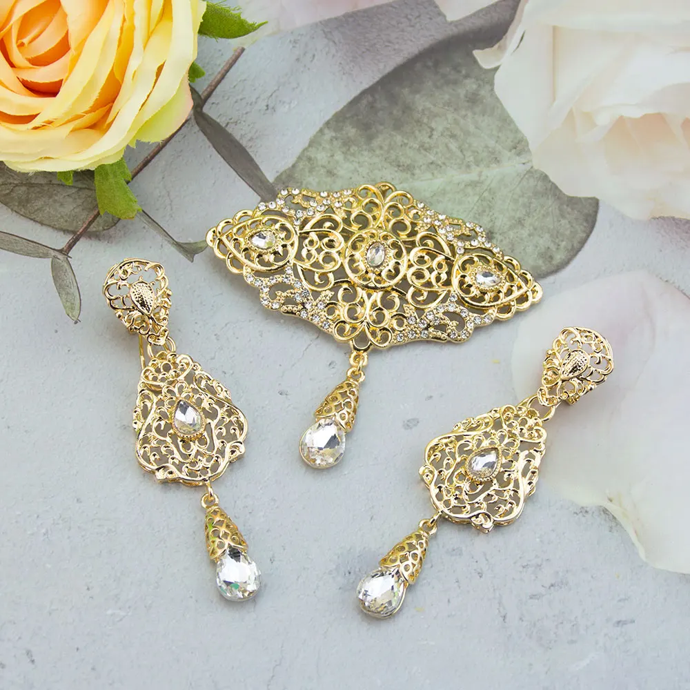 Gold Farbe Marokkanischen Schmuck Frauen Kaftan Brosche Pins Tropfen Ohrring Kristall Arabischen Braut Bijoux Eardrop Broschen Set