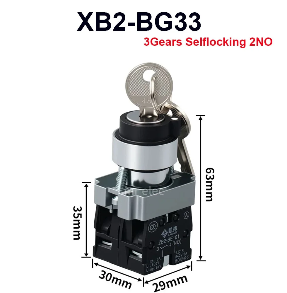 20PCS Metal key knob switch  XB2-BG33 self-locking second gear three gear selection conversion button switch