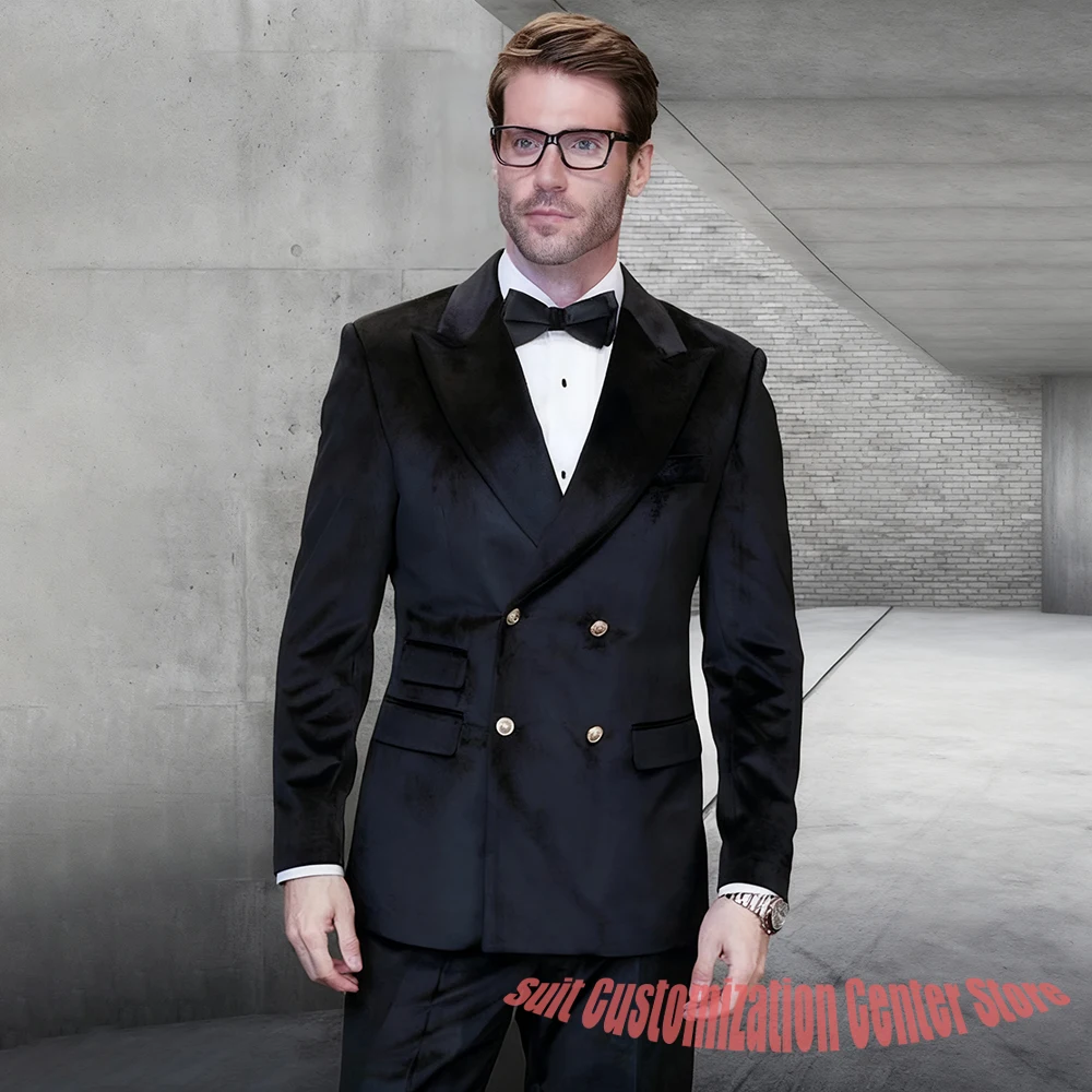 

Роскошный мужской черный бархатный двубортный костюм-смокинг с остроконечными лацканами, комплект из 2 предметов, торжественная верхняя одежда для вечера, банкета и вечеринки