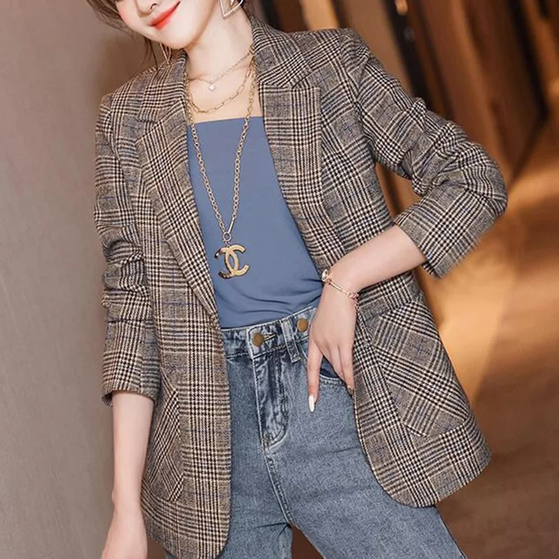 

Fashion Lapel Button Spliced Pockets Korean Lattice Blazer Women Clothing 2023 Autumn New Casual Tops Loose Office Lady Blazers