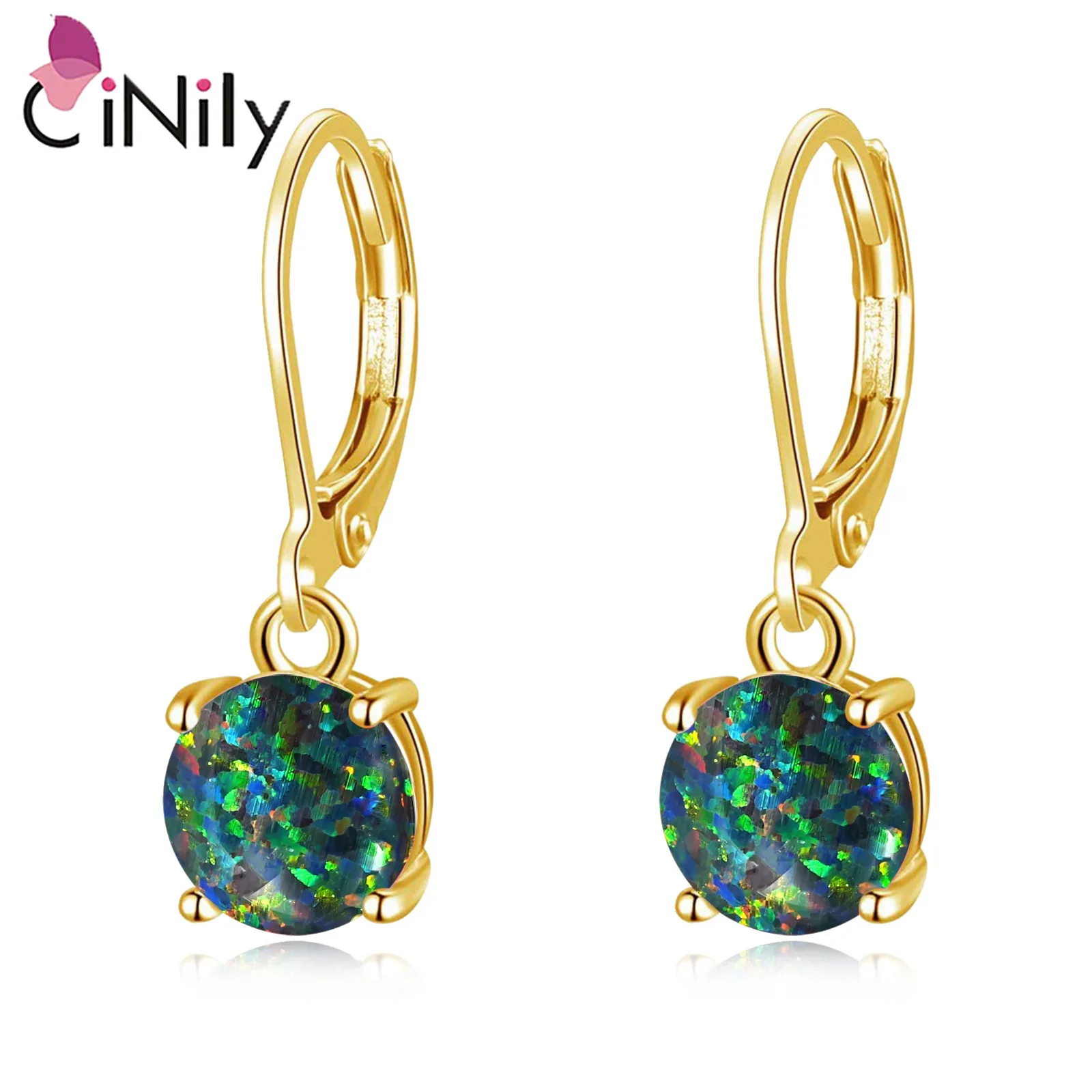 CiNily White & Pink & Blue Fire Opal Drop Dangle Earrings With Round Stone Silver Plated Jewelry Best Gifts for Girl Women