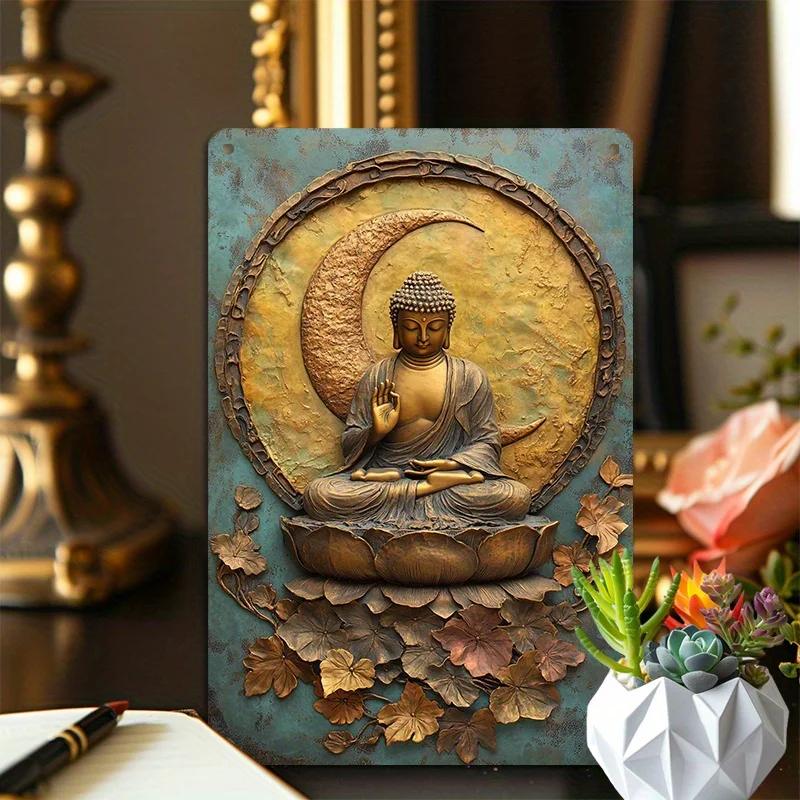 

2D Vintage Golden Buddha Statue Metal Tin Sign, 8x12in Aluminum Wall Art, Rustic Home & Office Decor, Spiritual Room Decoration