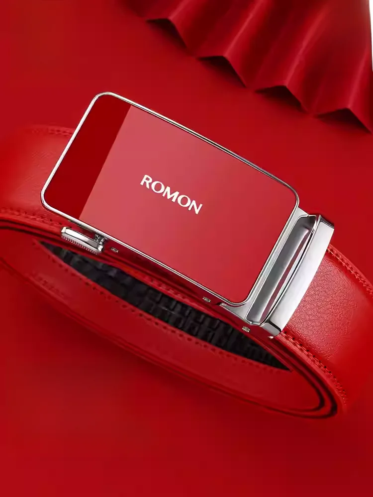 男性用レッドレザーベルト-ロモンブランド-馬年ベルト-本革ウエストベルト-結婚式やフォーマルな機会に