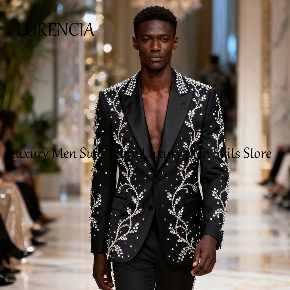 

Luxury Crystal Suits for Male 2 Pieces Glitter Tuxedos Wedding Groom Outfits Customized Blazer Pants ternos masculino completo