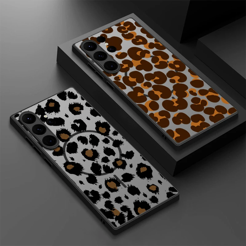 TPU Magnetic Phone Case For Samsung Galaxy S26 S25 S24 S23 S22 Ultra Plus S25 S24 S23 FE Leopard Milk Cow Pattern PC Back Cover