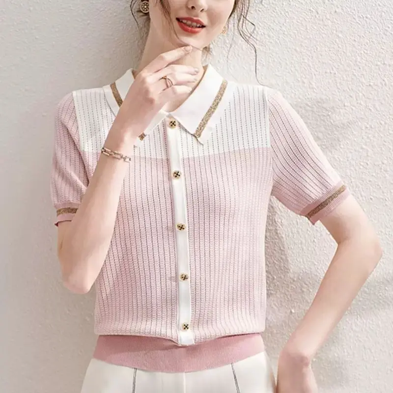 Women\'s Polo Collar Knitted Summer Thin 2024 New Fashion Casual Color-blocked Versatile Short Sleeved Button Loose T-shirts Tops