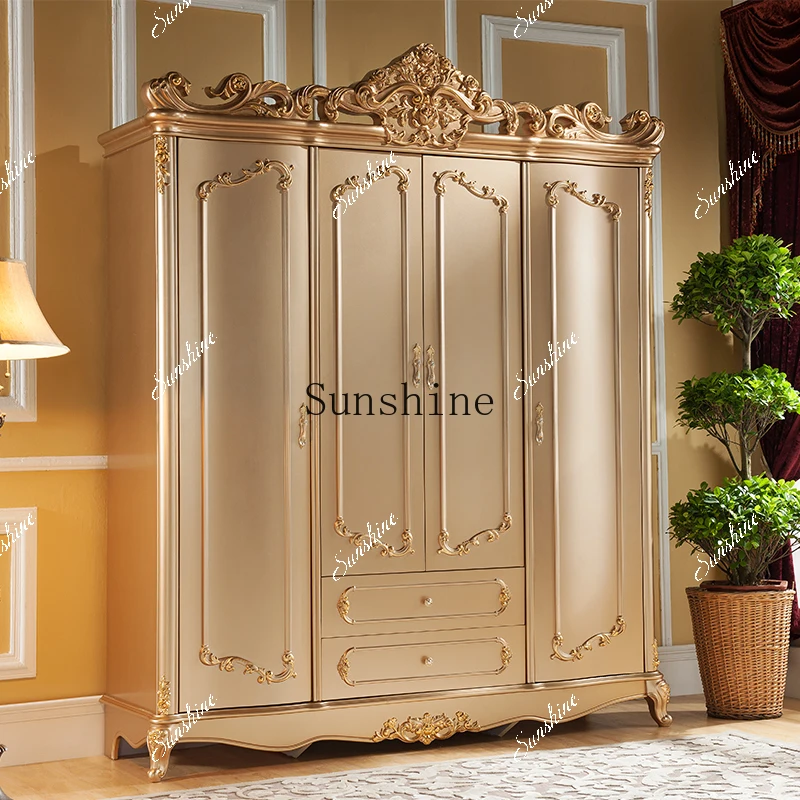 European solid wood adult four-door wardrobe carved locker bedroom storage  FT