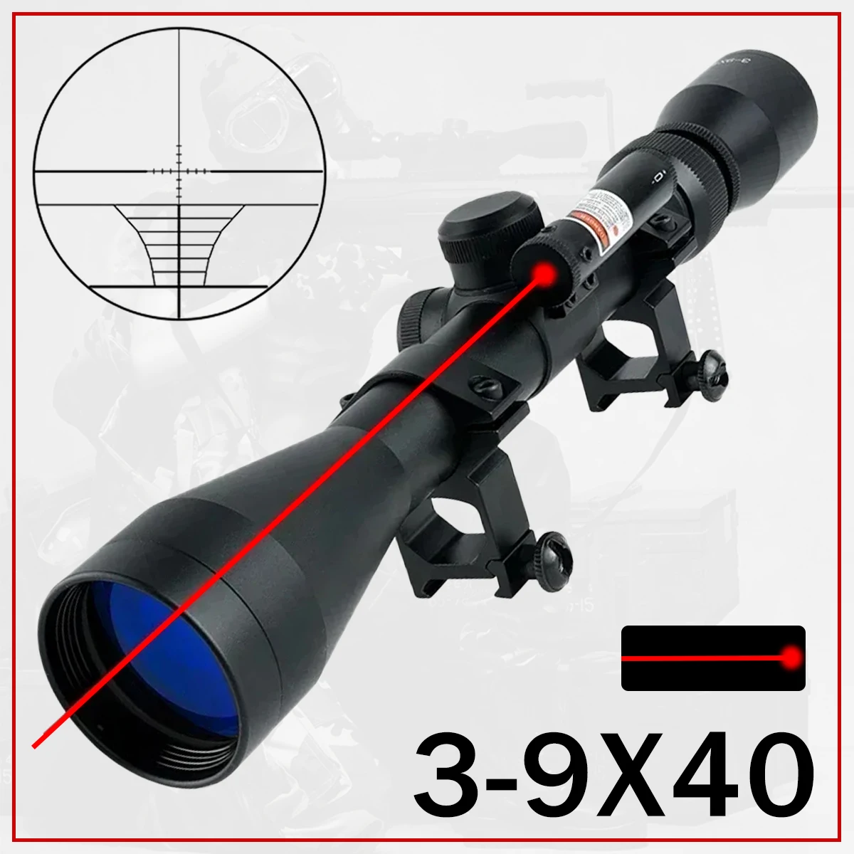 نطاق تكتيكي 3-9x40 مع نطاق بندقية الصيد والرماية بالليزر البصر البصري قابل للتعديل شبكاني Riflescope 11 مللي متر/20 مللي متر السكك الحديدية جبل