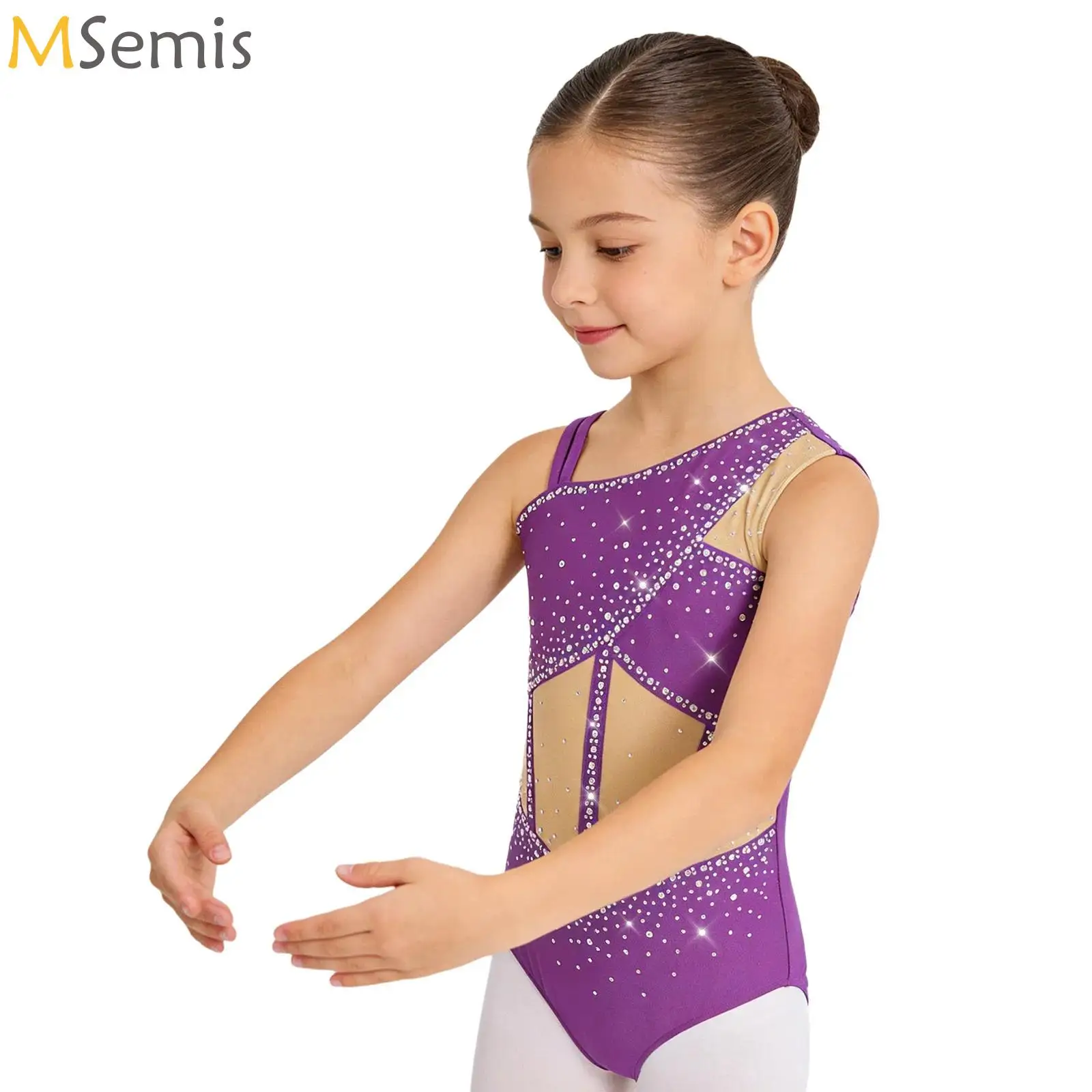 

Kids Girls Asymmetrical Color Block Workout Bodysuit Gymnastics Leotard Ballet Tank Unitard Figure Skating Performance Clothes