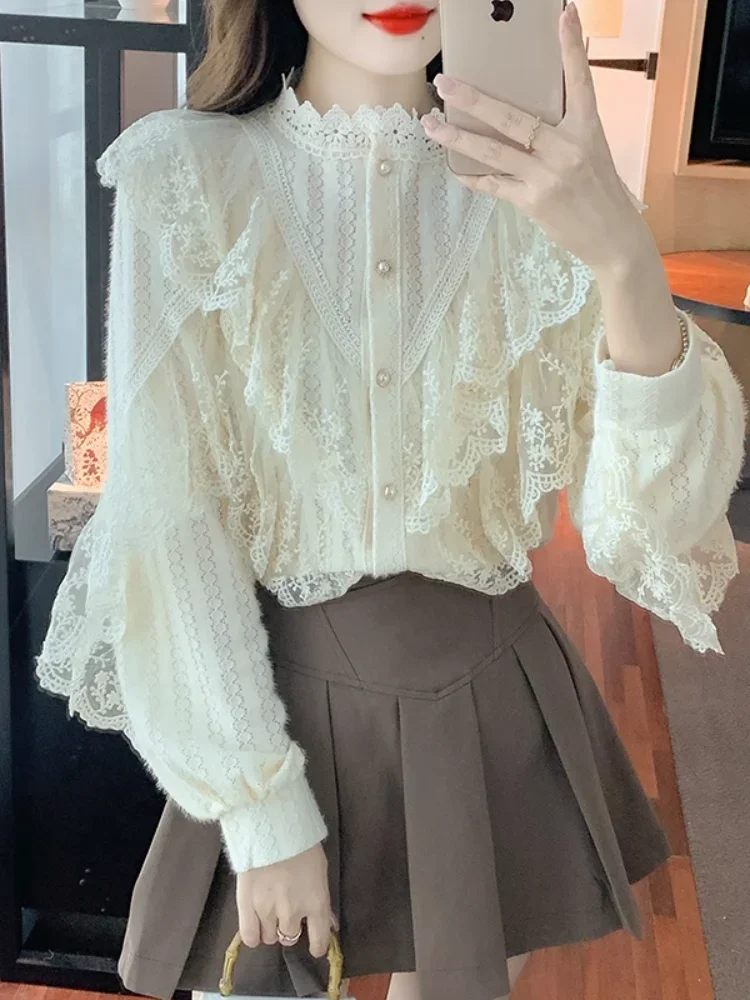 Women\'s Lace Shirts Blouses Y2k Vintage Aesthetic Harajuku 2000s Elegant Fashion Solid Color Long Sleeve Shirt Top Clothes 2024