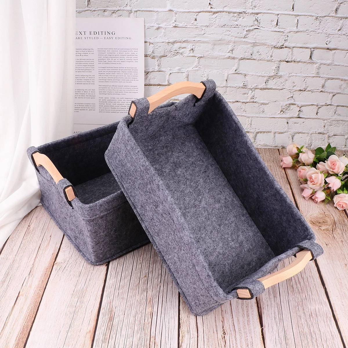 

2Pcs Felt Storage Basket with Wood Handle Grey Size S and Sundries Organizer Desktop Storage Bin for Living Room Bathroom