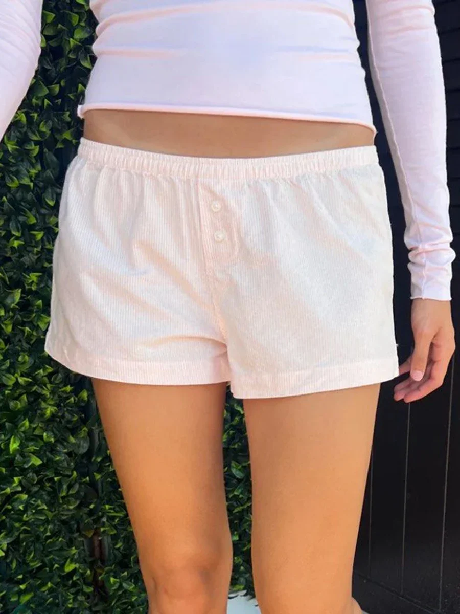 

New Pink Striped Straight Shorts Women Summer Buttons High Waist Cotton Pajama Short Pants Vintage Streetwear Sweet Sweatshorts.