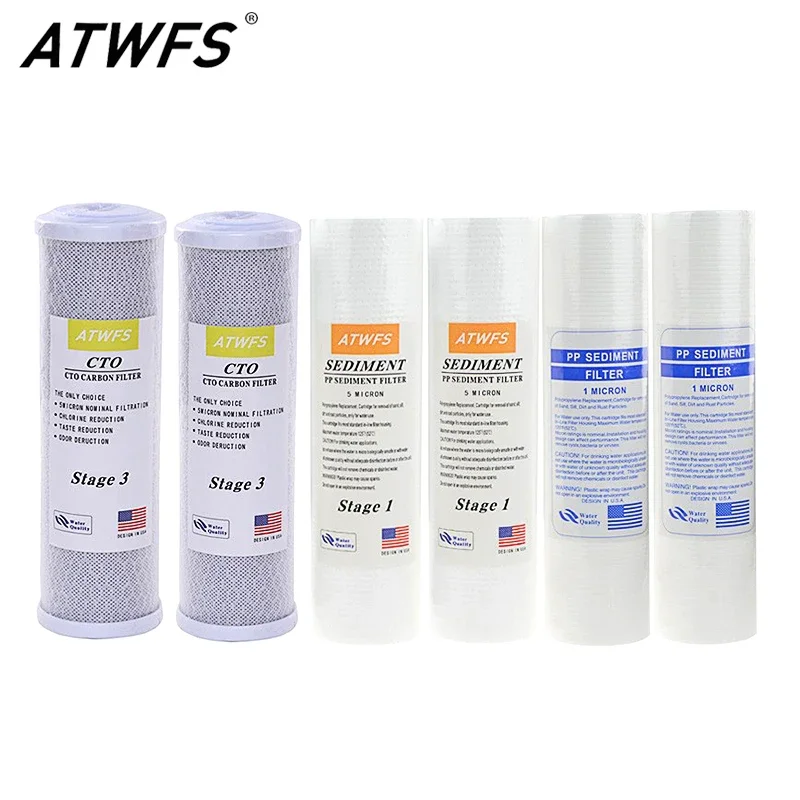 ATWFS Water Filter Cartridge 2pcs 5Micron PPF Cotton+ 2pcs 1Micron PPF Cotton+ 2 pcs Activated Carbon Reverse Osmosis System