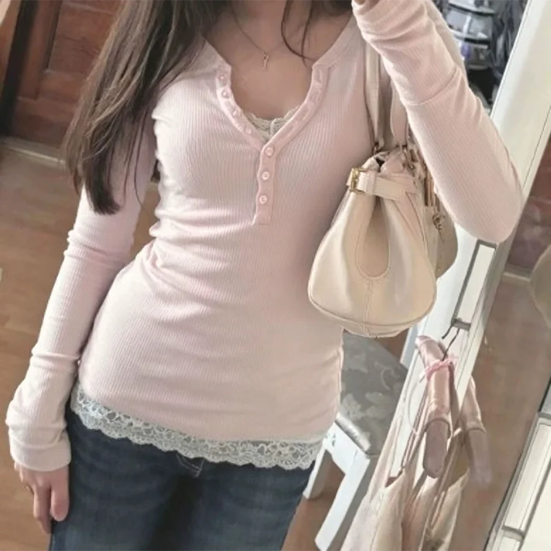 Autumn New Arrivals Women Long Sleeve T Shirt Button Front Crew Neck Slim Fit Crop Top Y2K Casual Streetwear Basic Fashion Shirt