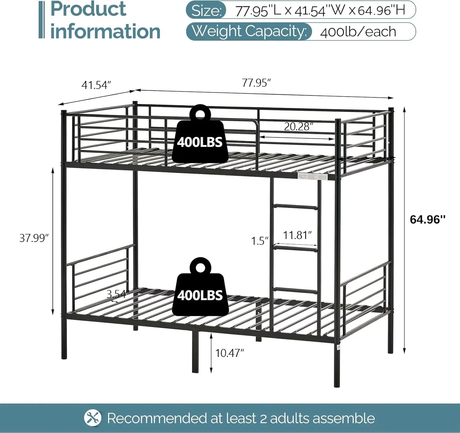 Bunk Bed Twin Over Twin for Kids/Teens/Adults Heavy Duty Bunk Bed with Flat Ladder and 13 inches High Guardrail, Metal Bunk Bed