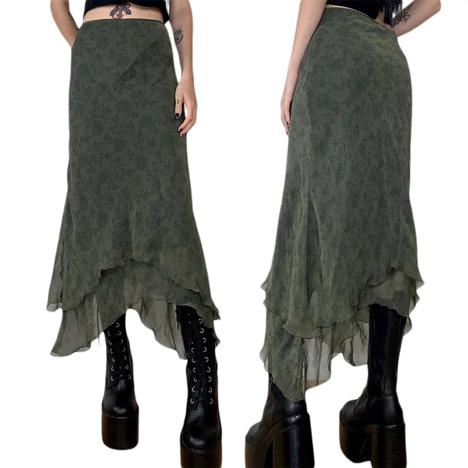 Long Skirts Women Skirt Print Slim Fit Work Irregular High Waist Ruffles Y2k Streetwear Elegant Splice Party Night Summer