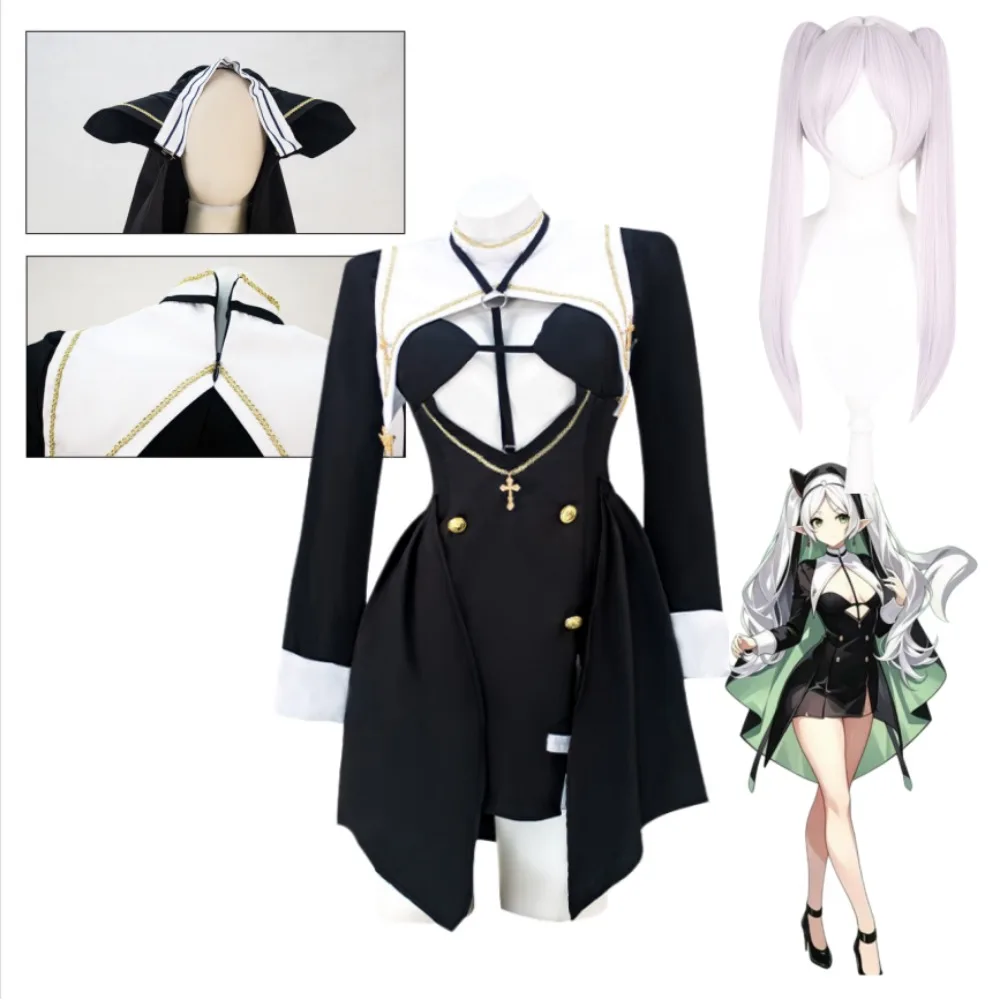 Frieren Beyond Journey's End Frieren Nun Cosplay Robe Noire, Coiffe et Manteau – Ensemble Complet pour Femme Adulte – Tenue d'Halloween et Comic Con