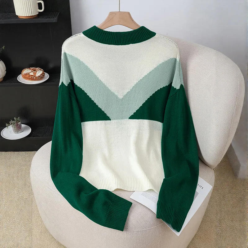 Nuevo Otoño Invierno Casual suelto contraste de Color de manga larga medio botón suéter de punto para mujer