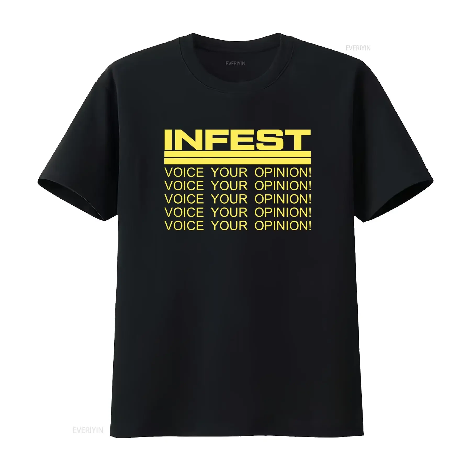 Camiseta estilo retro Infest con estampado llamativo 'Voice Your Opinion' en amarillo, nueva, negra, vintage 1943, lavada, ligeramente unisex para hombre