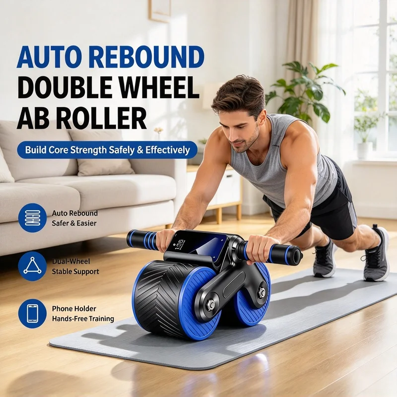 Auto Rebound Double Wheel Ab Roller with Phone Holder, Non-Slip Abdominal Exercise Wheel Home Core Fitness Trainer for Beginners