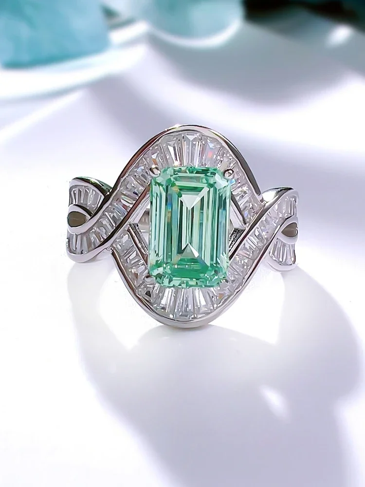 Palaiba green tourmaline ring, emerald cut rock sugar rectangular 925 sterling silver high carbon diamond wedding jewelry image 2