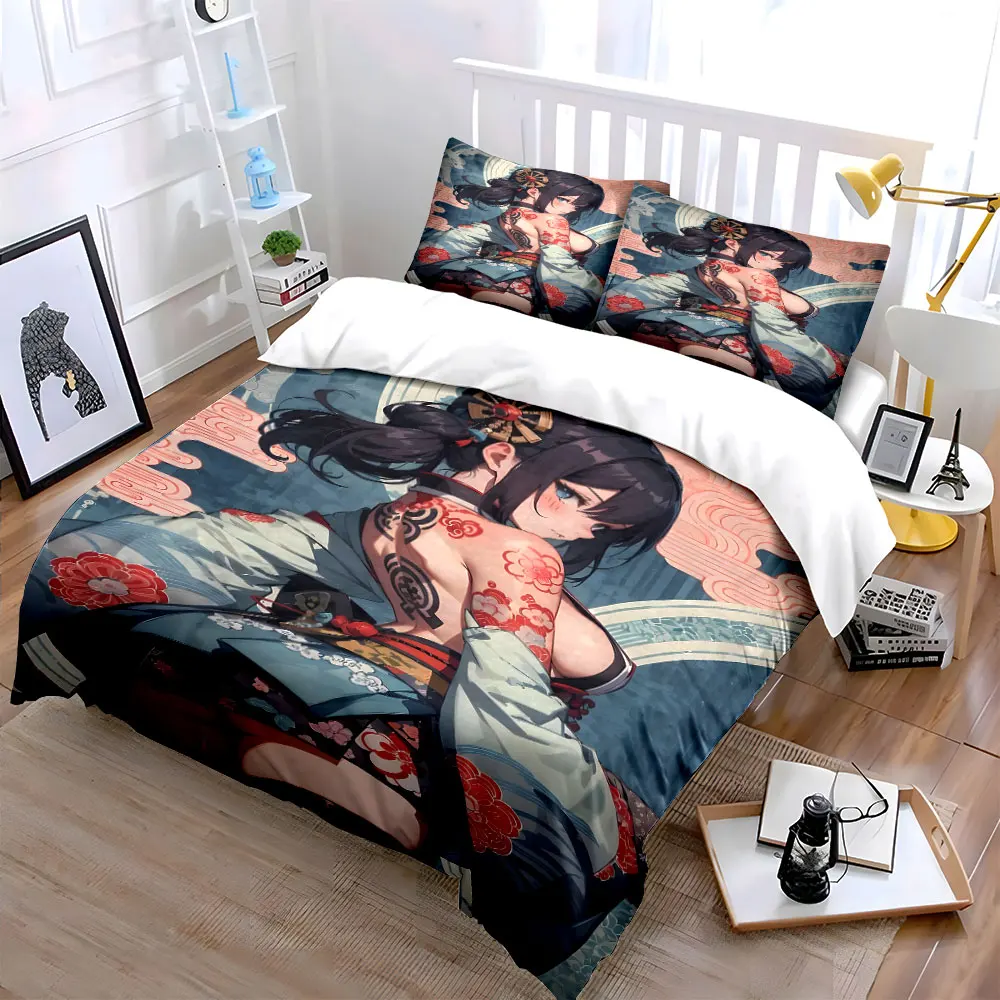 Kimono Tattooed Girl Backview Print Bedding Set 1 Duvet Cover 2 Pillowcases for Adult and Children Luxury Gift Full Size