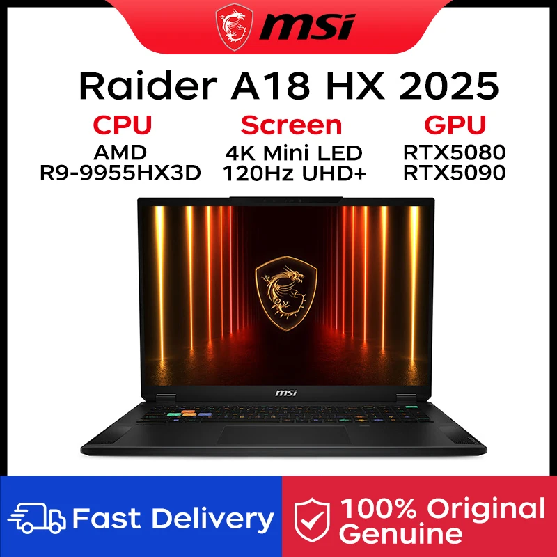 2025 MSI Raider A18 HX Gaming Laptop 18 Inch Mini LED 4K 120Hz UHD+ Screen Netbook AMD R9-9955HX3D 64GB 2TB RTX5080 Notebook PC