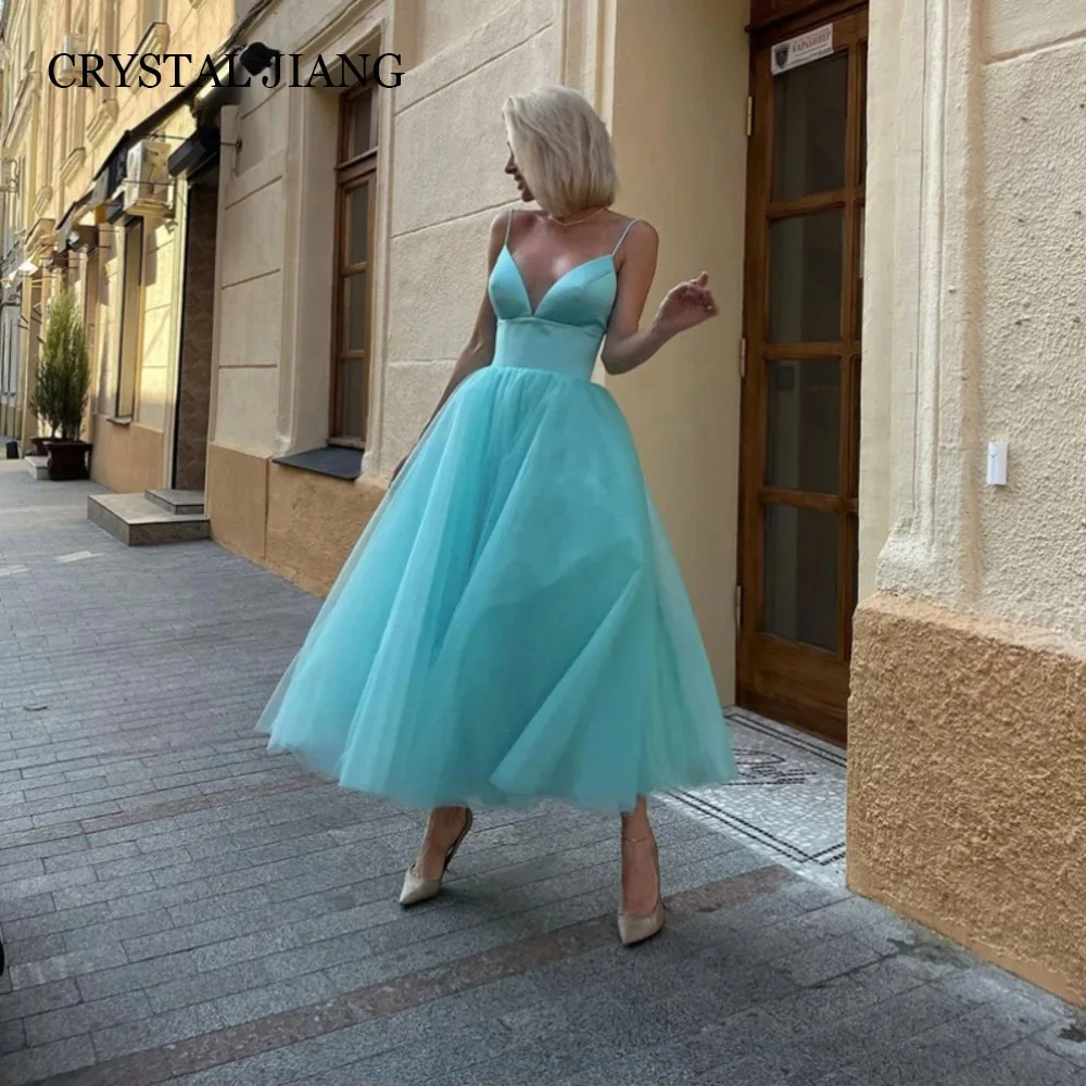 

Classy Short Spaghetti Straps Tulle Prom Dresses Sleeveless Backless A Line Tea Length Vestido De Festa