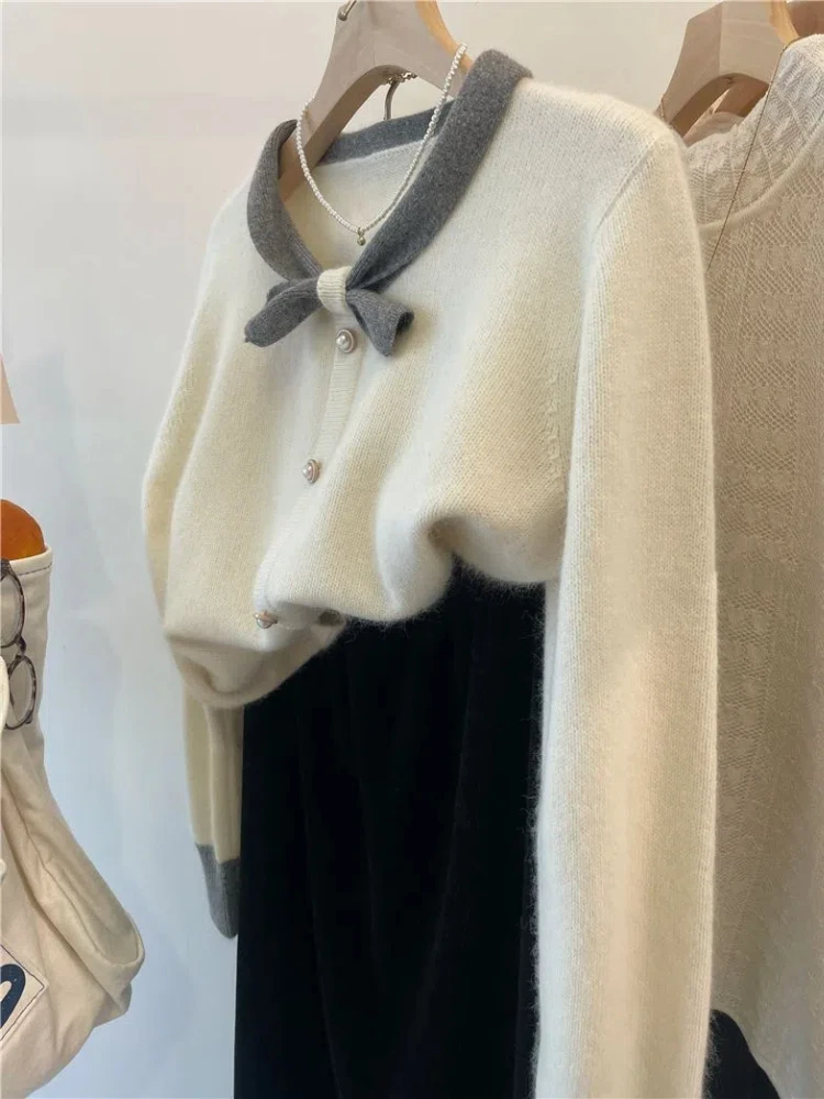 Arctic Velvet Autumn Winter 2024 New Pink Small Bow Collar Raccoon Long Sleeve Knitwear Sweater Contrast Top