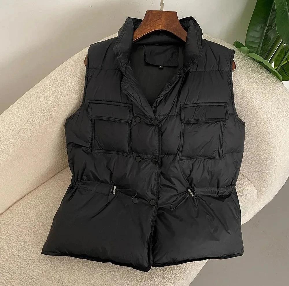 Nova luz feminina colete curto quente feminino pato branco para baixo jaqueta casaco sem mangas moda outerwear streetwear