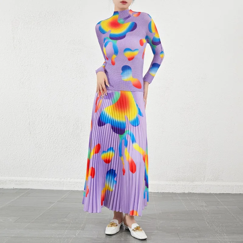 

Miyake Senior Pleated Long-sleeved Blouse Women's Europe 2025 New Stretch Tight T-shirt Elastic Waist Half Skirt Two-piece Set