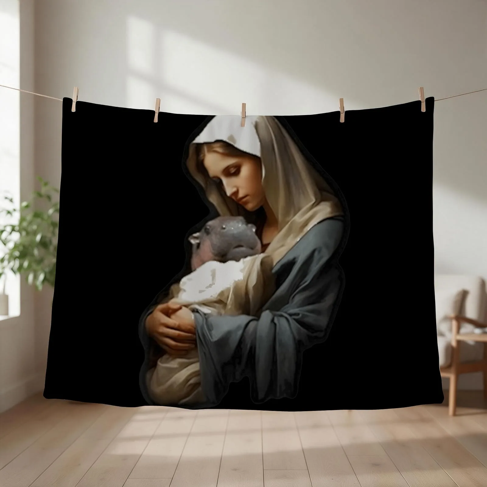 Moo Deng Mother Mary Funny Hippo Lover Jesus Christ Throw Blanket couch cozy soft plush fuzzy picnic outdoor blanket