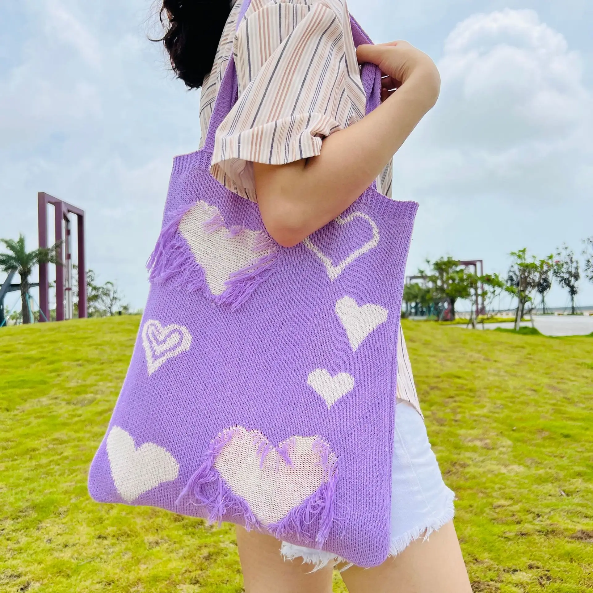 Summer Bright Color Y2K Style Tote Cute Heart Handwoven Knit women's Girls Spring Fashion Soft Side Eco Shopping Bag rosa viola