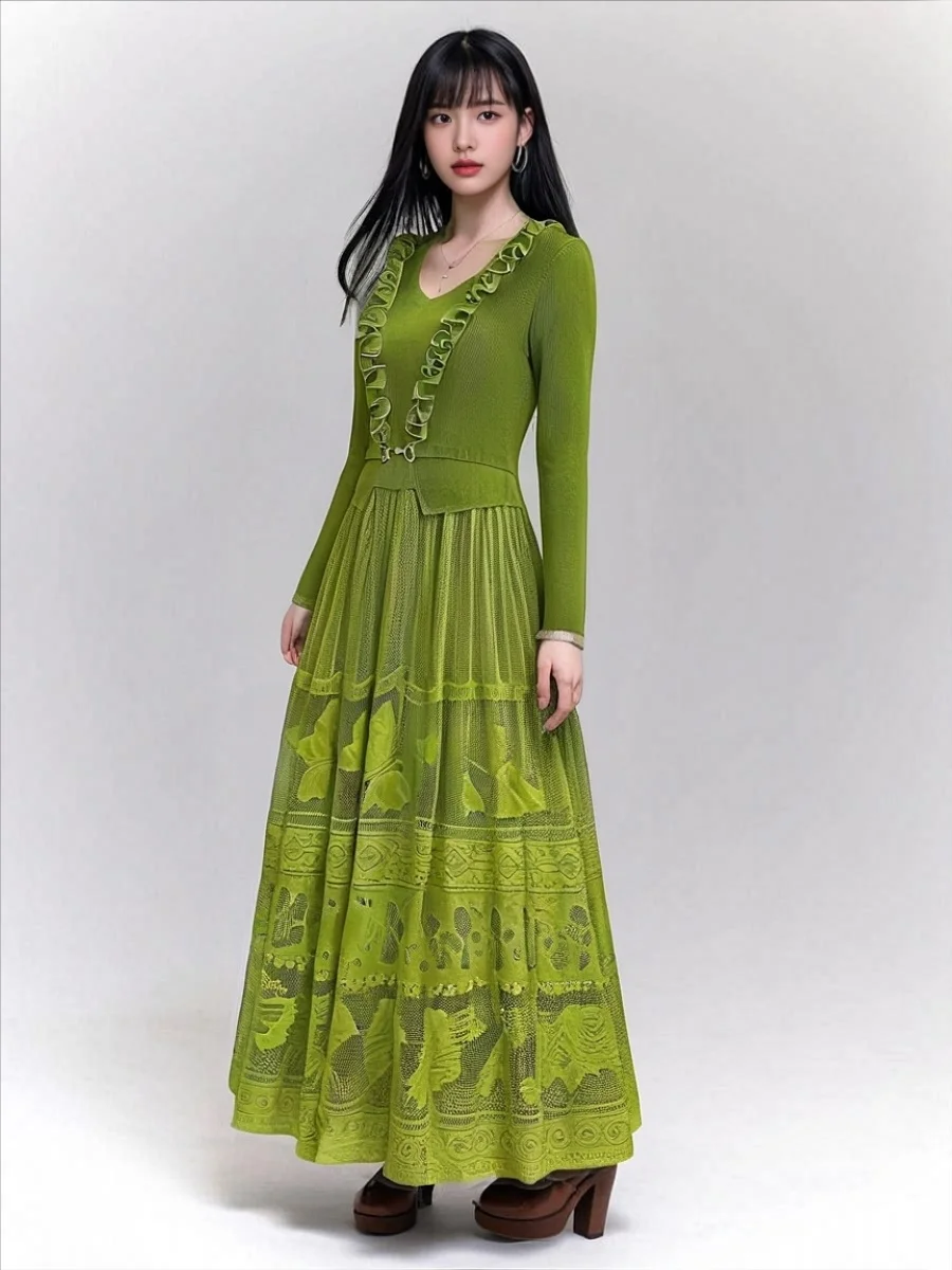

Miyake Fold New 2025 Spring V-neck Lace Mesh Splicing Fake Two Piece Fashion Dress French Fragrance Style Elegant Temperament