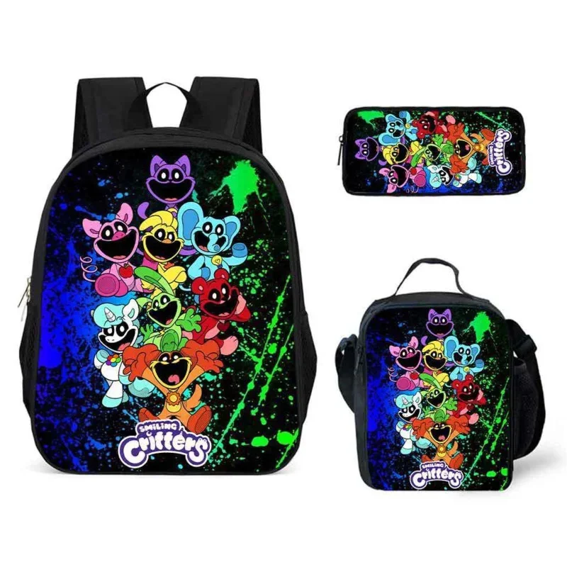 Smilings Critters-mochila escolar con figuras de Anime para adolescentes, niños y niñas, morral de día de 3 piezas, bolsa para lápices