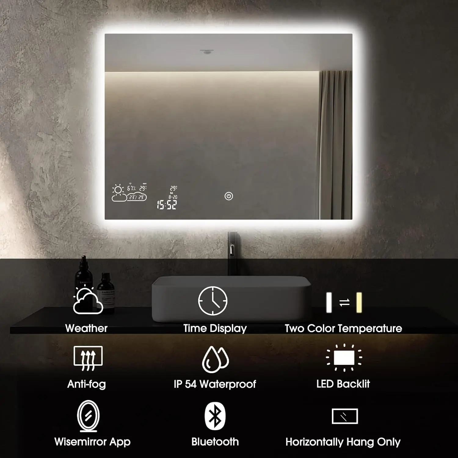 Smart Bathroom Mirror with Bluetooth Wi-Fi Enabled Weather Display, 32”X 24” Fog Free, LED Light Vanity Mirror Backlit Frameless