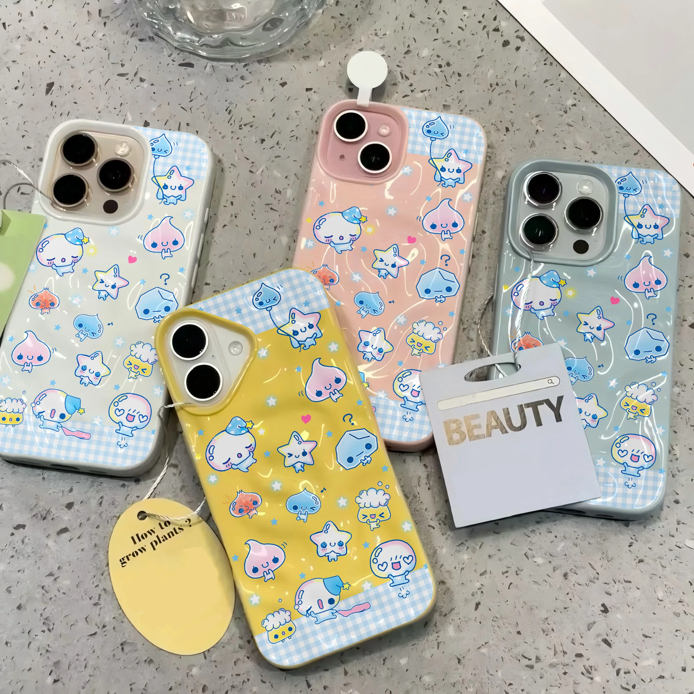 Cute Star Blue Water Bead Grid 3D Irregular Wrinkle Meteorite Phone Cases For iPhone 17 16 15 14 Plus 13 12 11 Air Pro Max  Soft