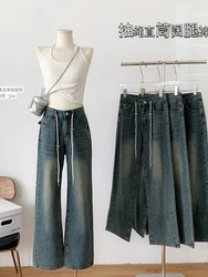 Harajuku Fashion Retro  Washed Wide Leg Pants Drawstring Cotton Denim Jeans High Street Straight Women Casual Streetwear HipHop