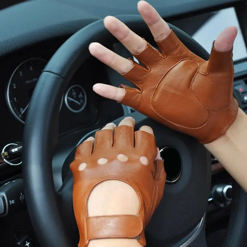 Riding Gloves For Men Leather Fingerless Motorcycle Gloves Bicycle Motocross Genuine Leather Gloves Sheepskin Riding Gloves