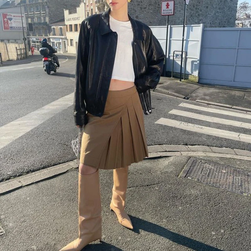 2025 Autunno pigro stile motociclista retrò giacca di pelle di pecora moda donna allentata casual nero / caffè giacca oversize in vera pelle