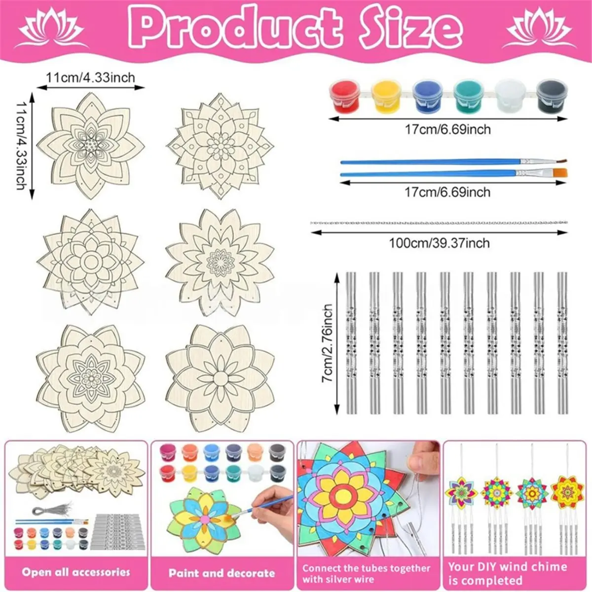 Multi-use Gear 12 Sets Flower Wind Chimes Craft for Kids,DIY Windchime Unfinished Wood Coloring Kit for Gifts and School Party S